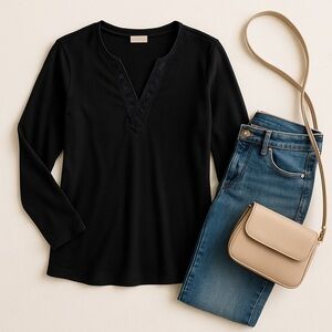 🖤 Croft & Barrow Black Embroidered V-Neck Long Sleeve Top (Women’s)